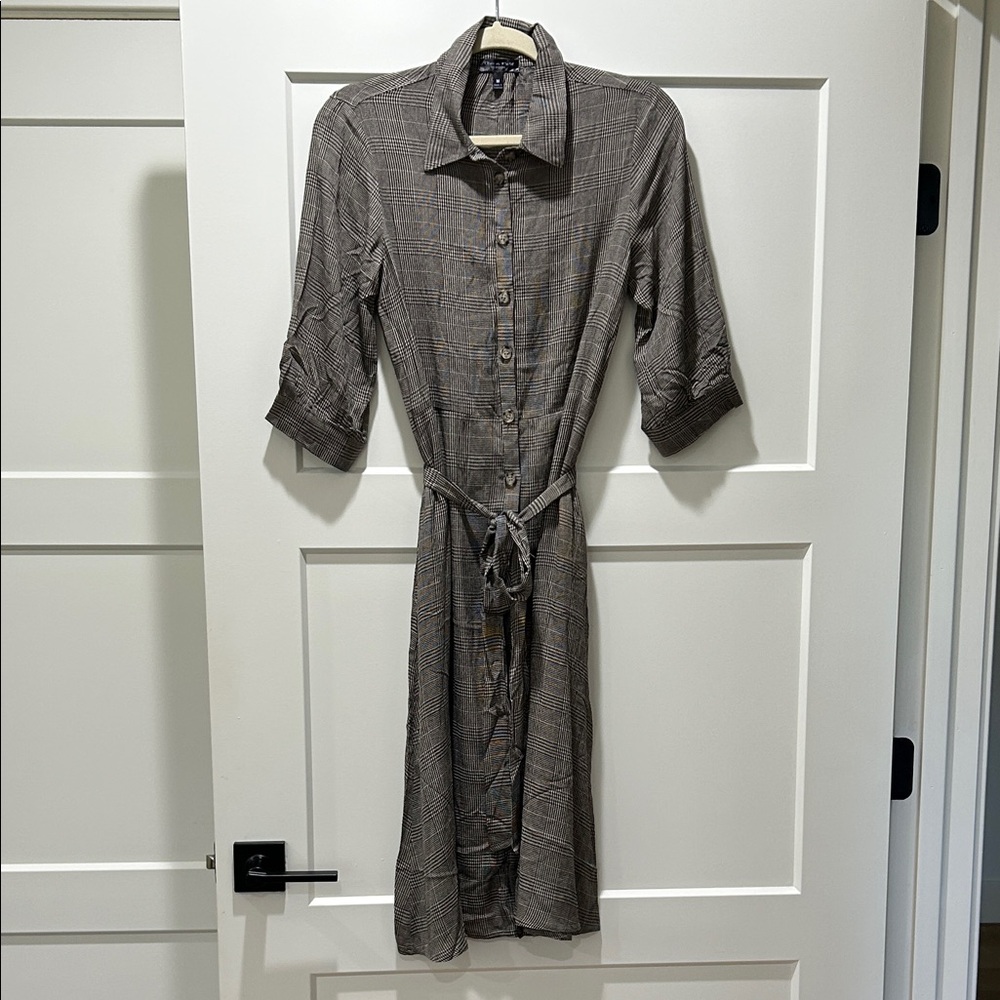 tea n rose Taupe Plaid Button-Front Midi Shirt Dress